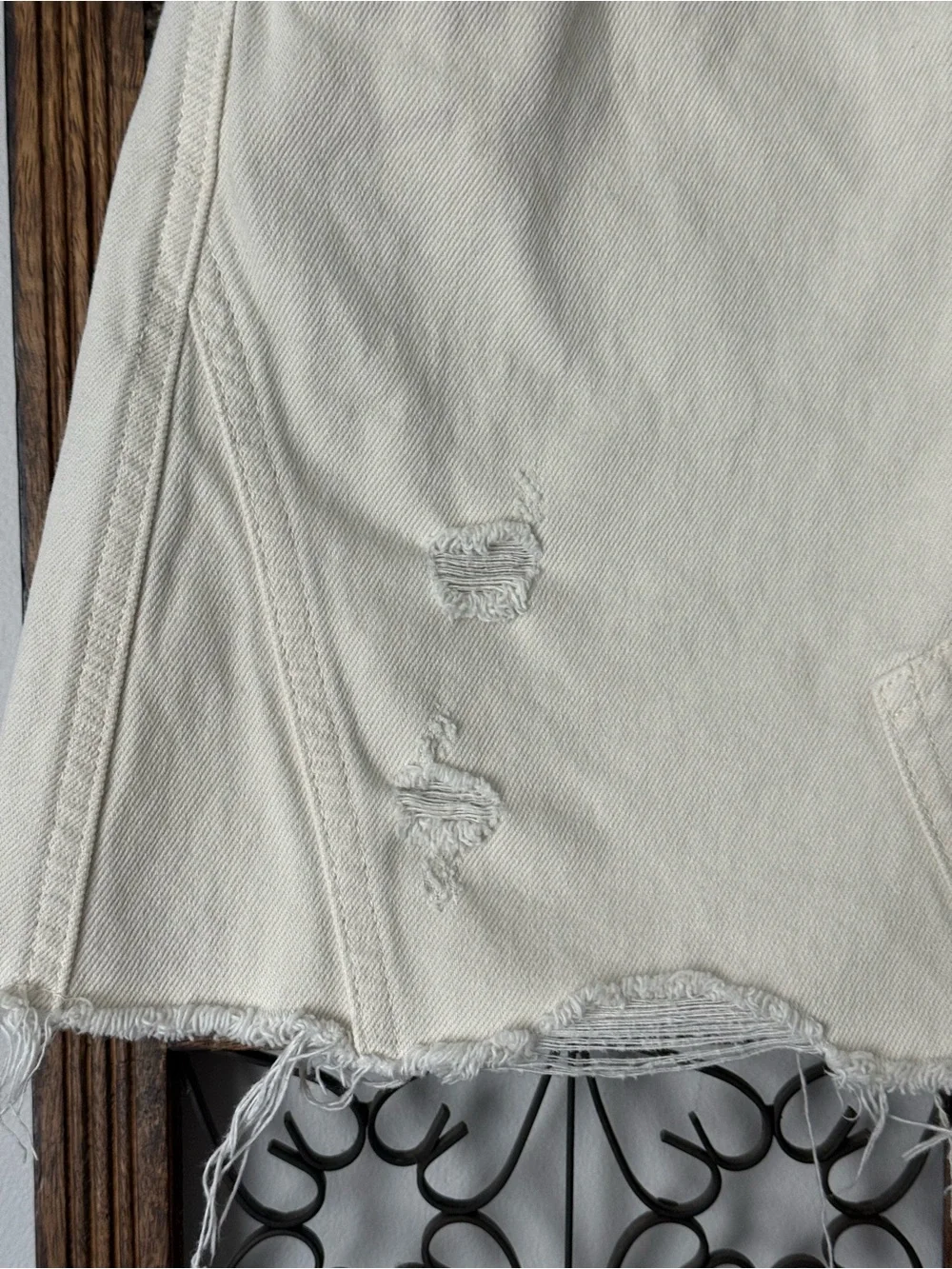 We the Free Cream Distressed Button-Front Denim Mini Skirt